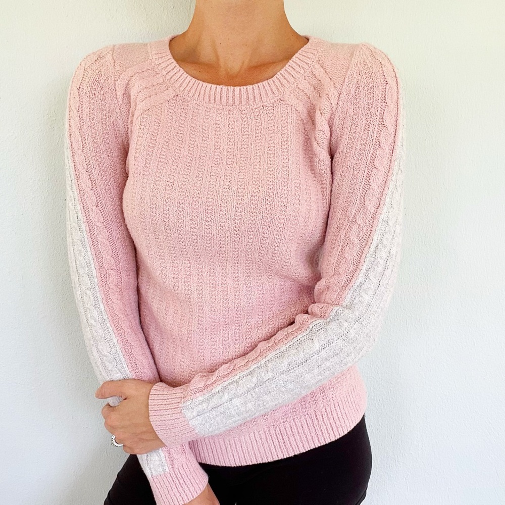 LOFT pink gray fuzzy chenille crewneck knit sweater size medium petite